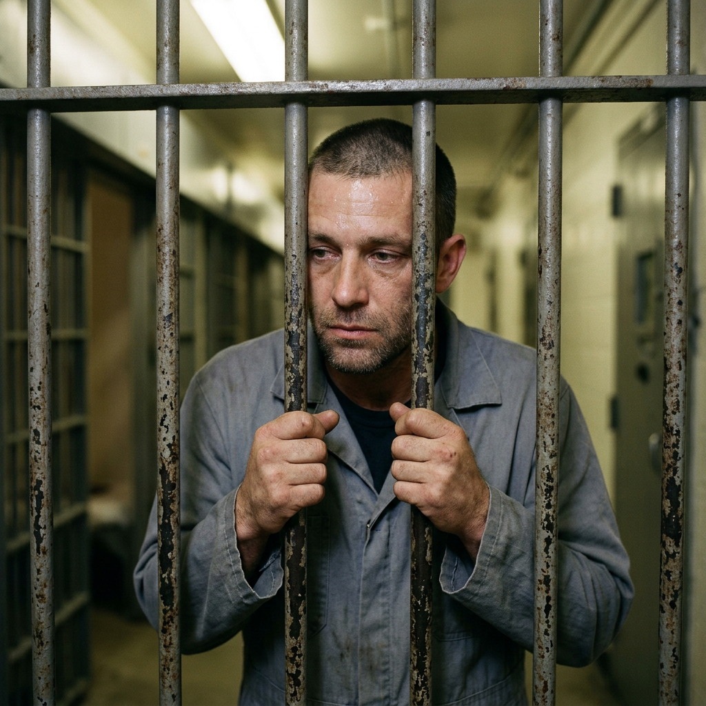 Man gripping rusted prison bars inside a jail cell looking thoughtful