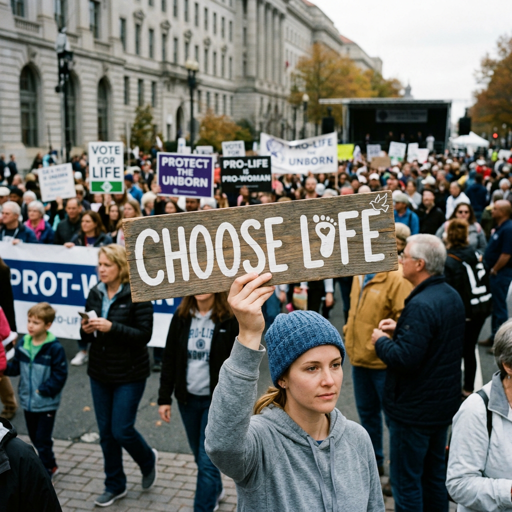 Woman holding 'Choose Life' sign at pro-life protest with crowd