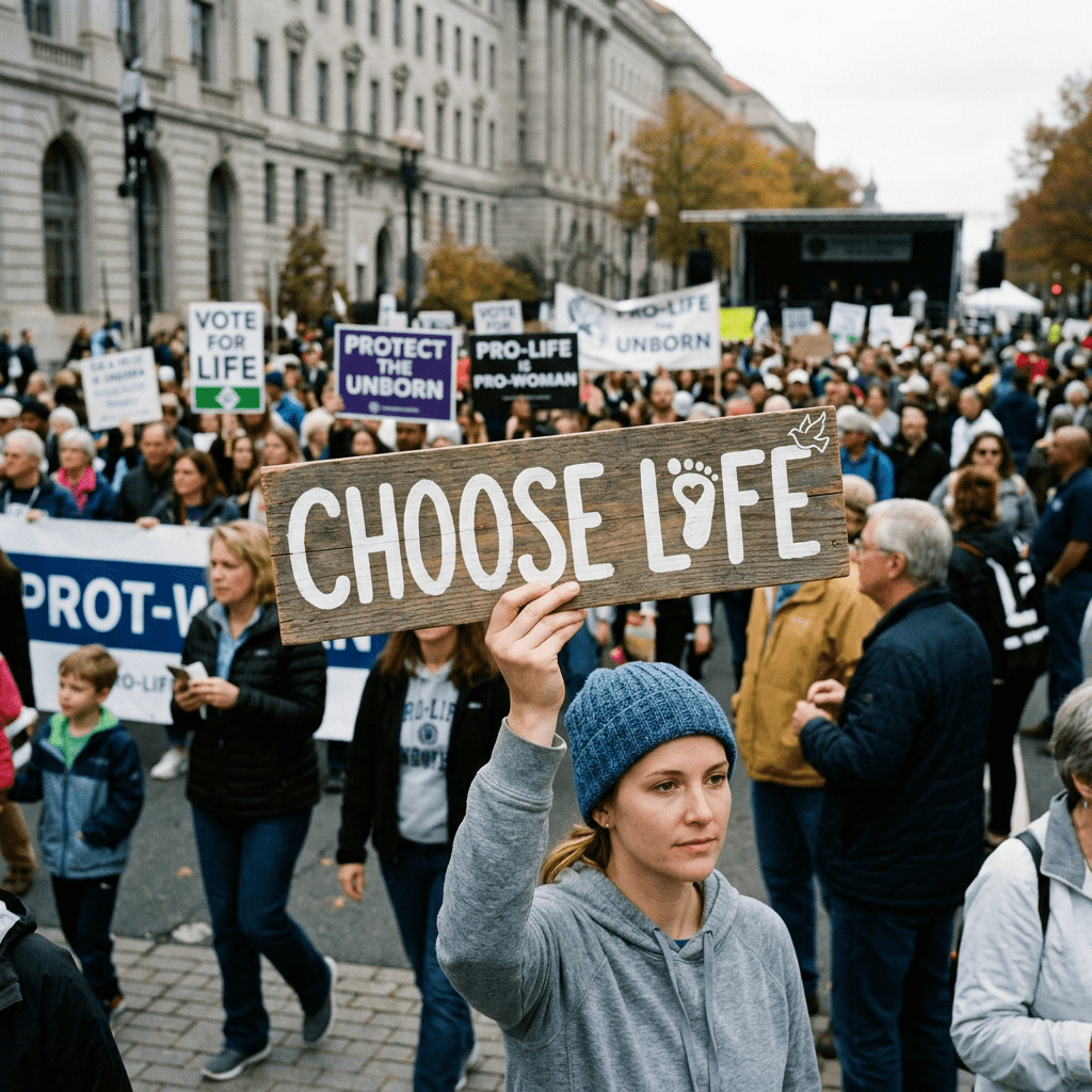 Woman holding 'Choose Life' sign at pro-life protest with crowd