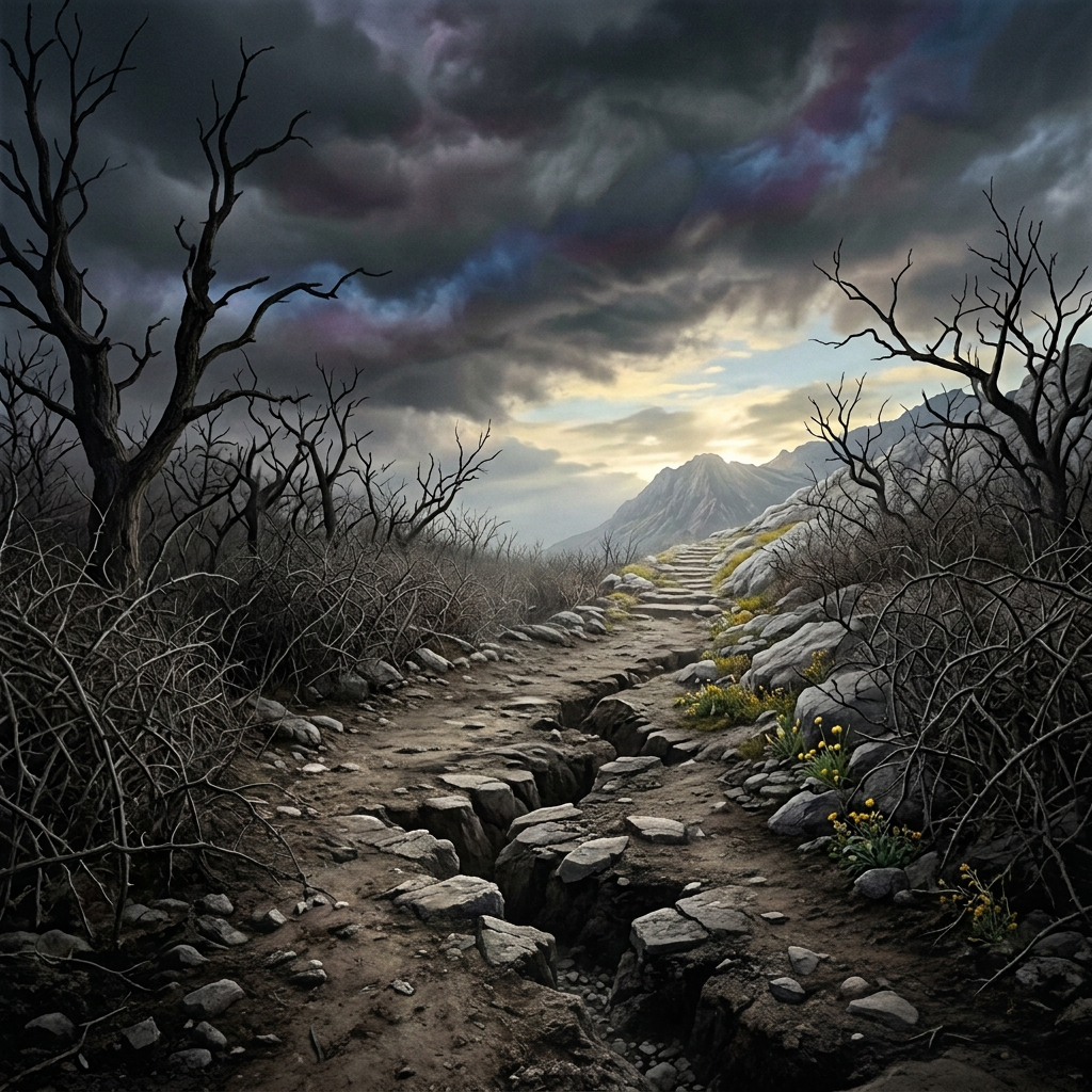 Traveler walking along a cracked path through dead trees toward a mountain