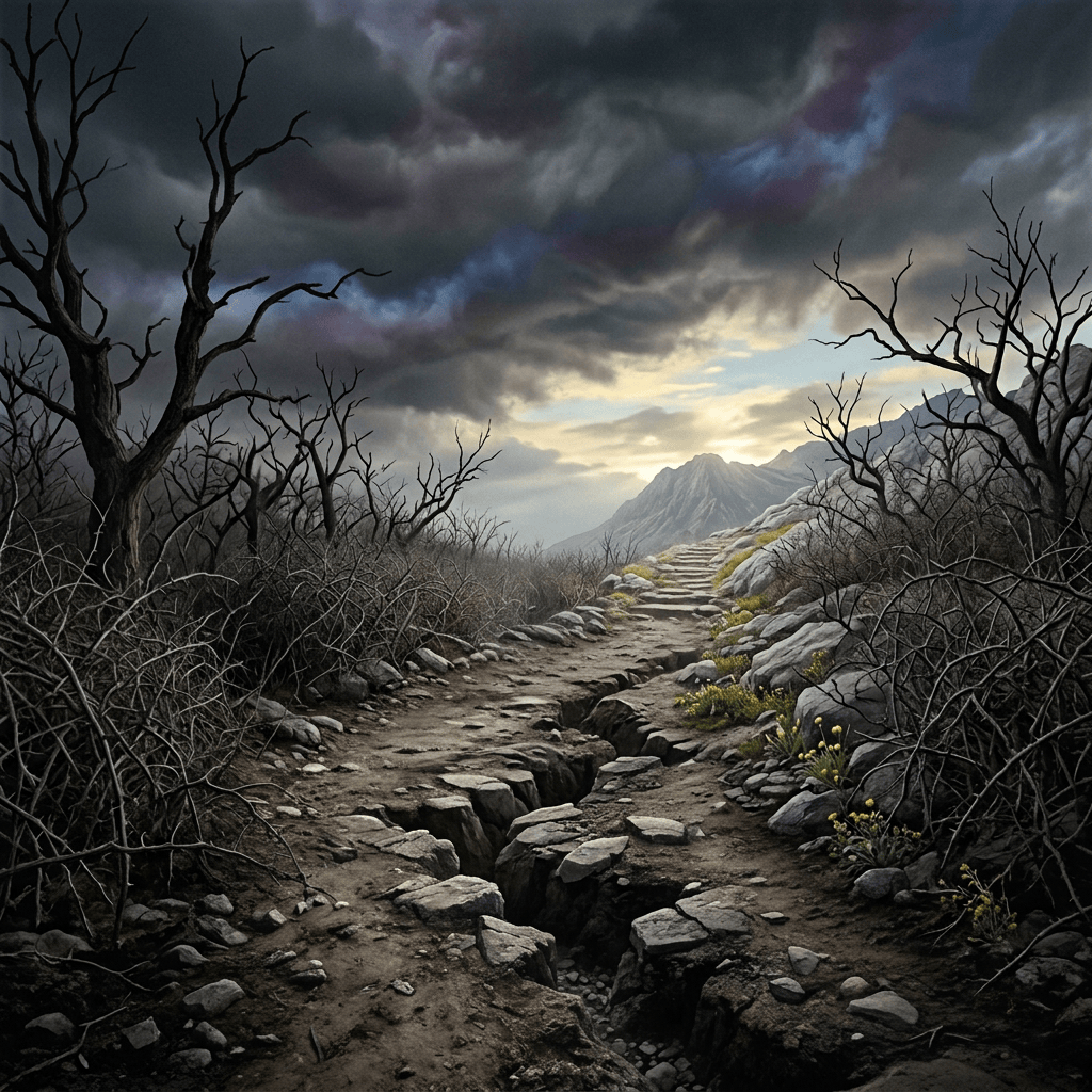 Traveler walking along a cracked path through dead trees toward a mountain