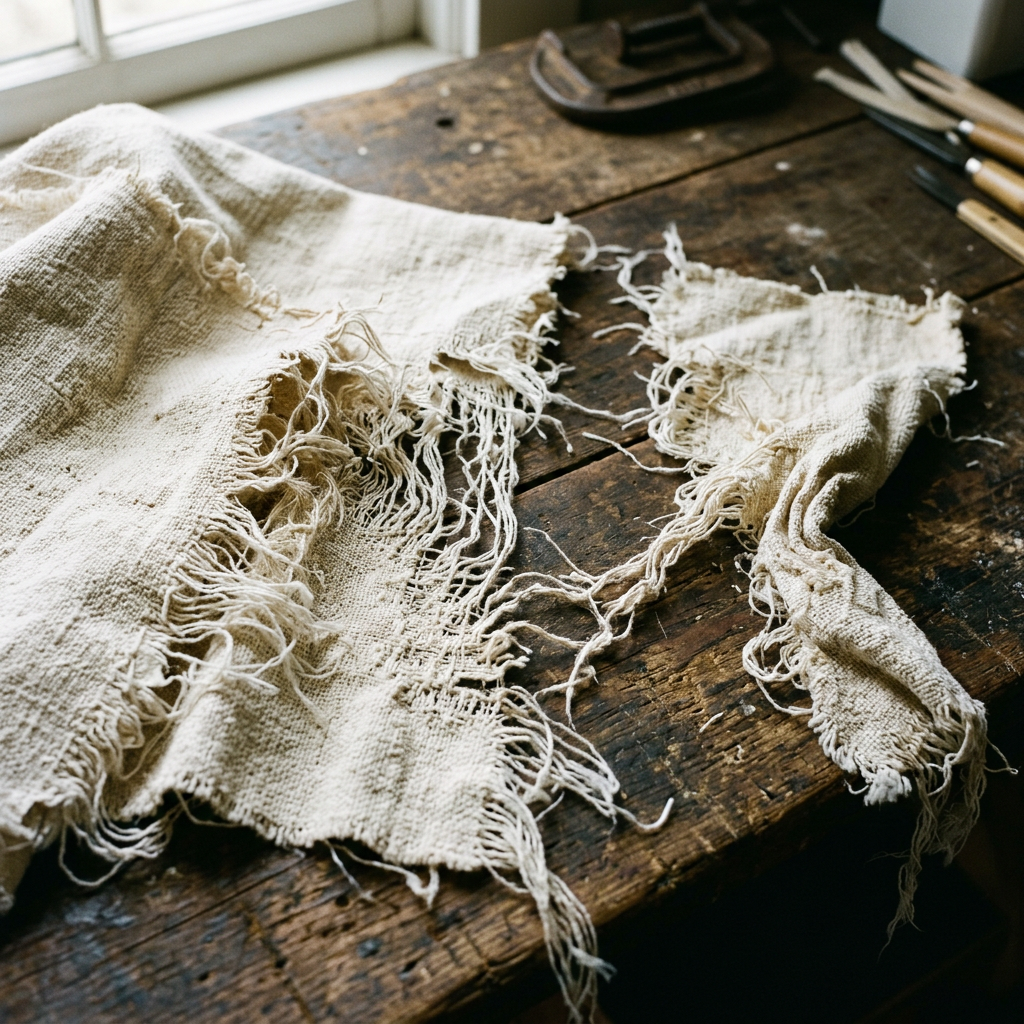 Frayed cream linen fabric spread across a rustic wooden table beside brushes